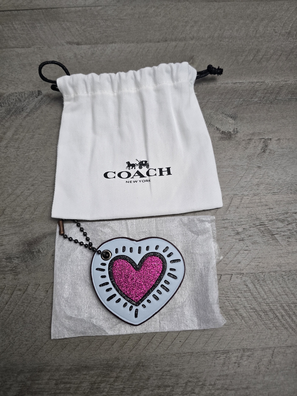 NWOT Coach x Keith Haring Limited Ed Glitter Heart Keychain Bag Charm + Dust Bag